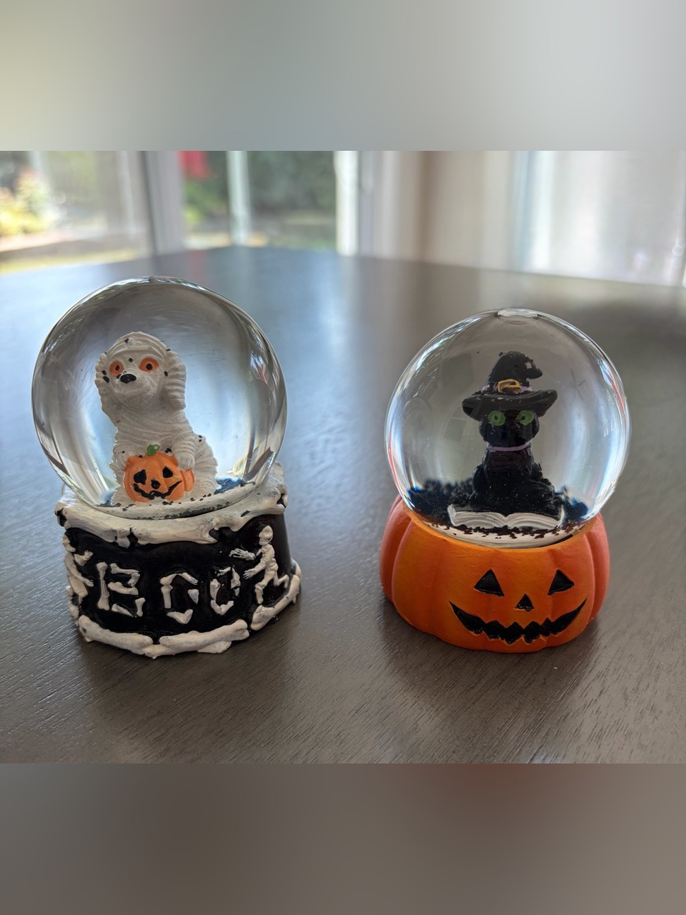 Halloween CAT Pumpkin & DOG Ghost Snow Globe Set - Orange & White NWT